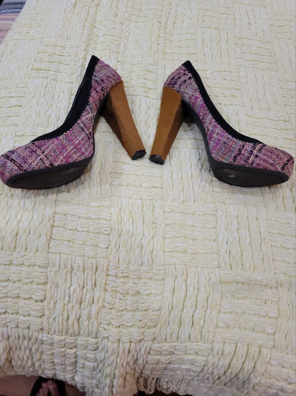 Jessica Simpson Pink Tweed Platform Pumps with Black Trim and Brown Block Heel